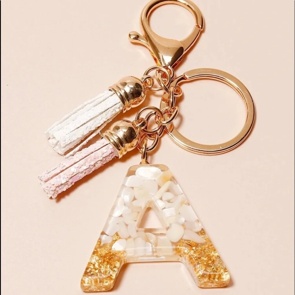 🆕 Letter A Keychain Charm Gold Glitter Pendant Tassel Key Ring for Handbags